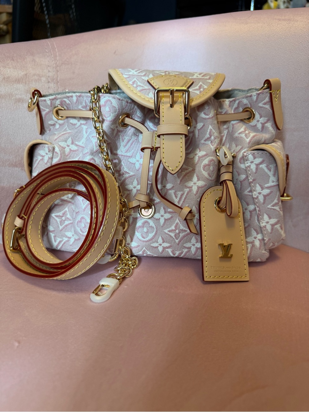 Pink Monogram Mini Bucket Bag with Leather Trim